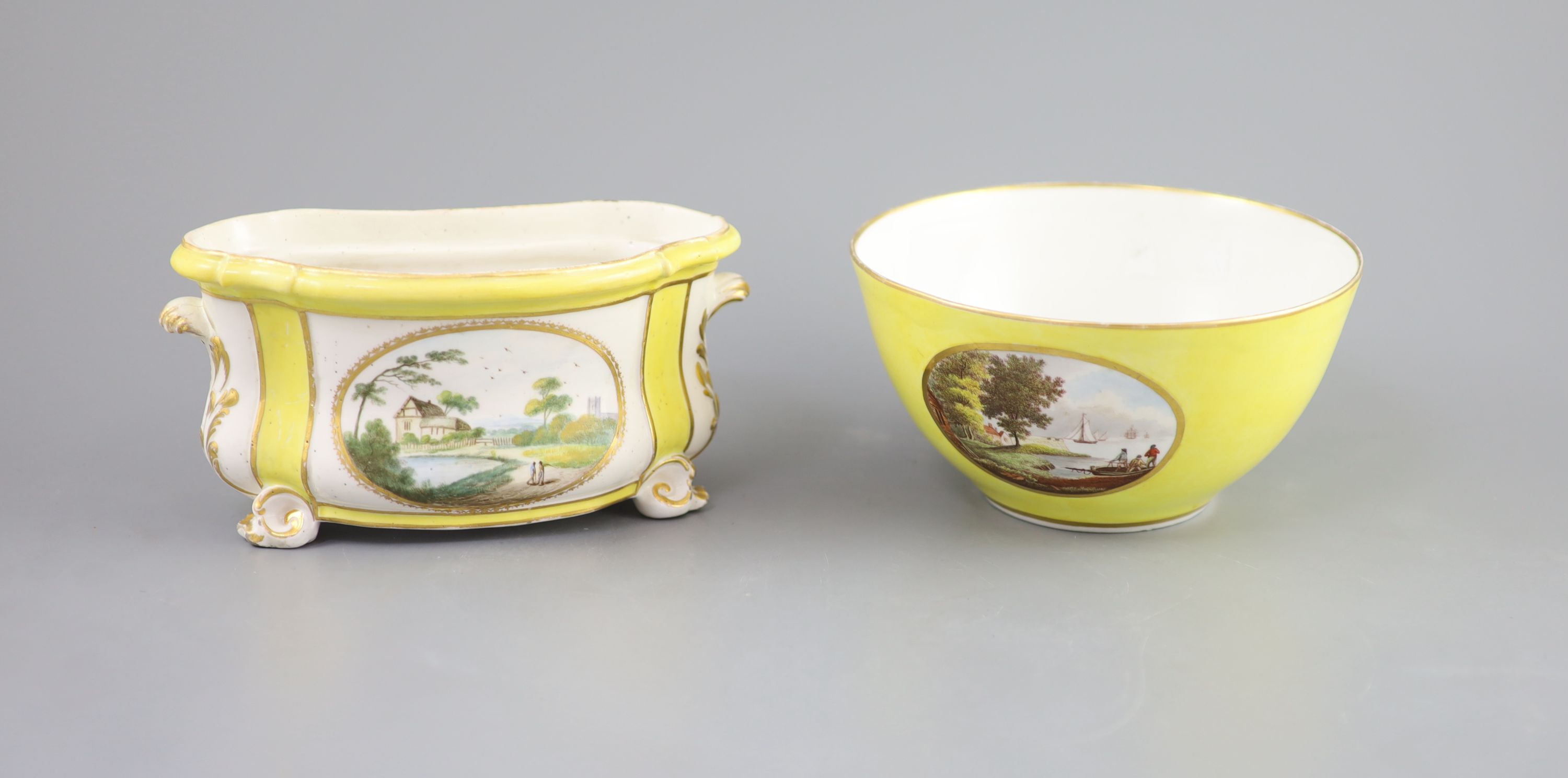 A Derby yellow ground topographical slops bowl and a similar bough pot, c.1790-1800, 19.5 cm wide